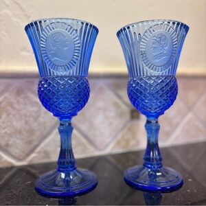 Vintage Fostoria Presidential Cameo Cobalt Blue Goblet Set of Two